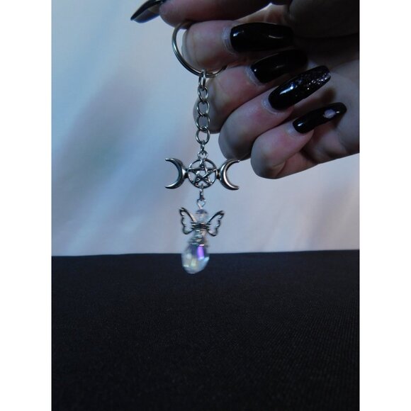 Triple Moon Pentacle Crystal Angel Keychain Pagan Wiccan Goddess Charm Spiritual - Picture 9 of 10